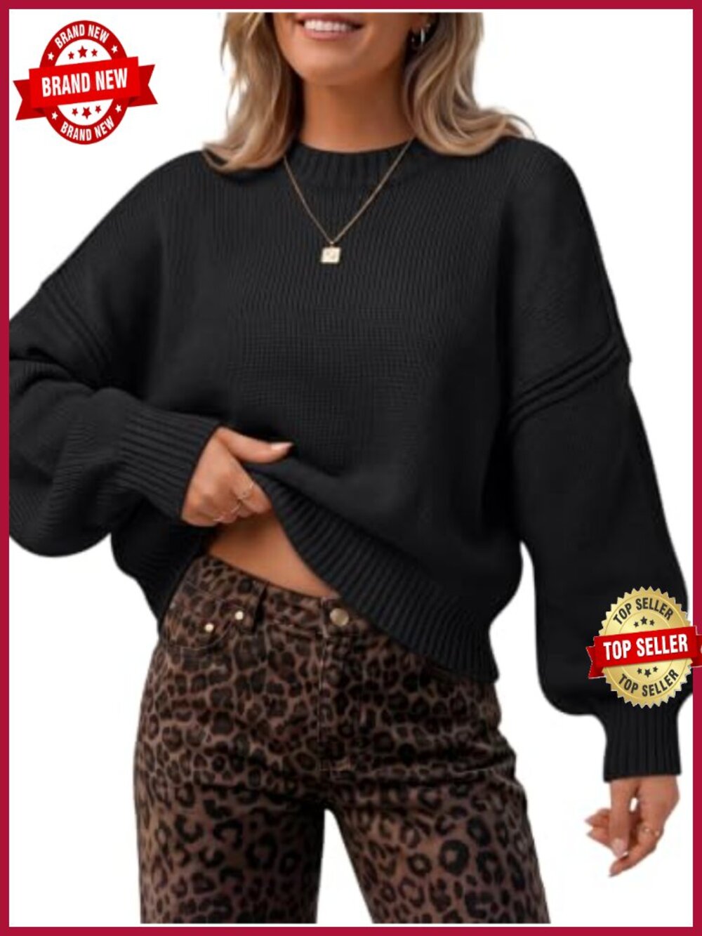 Oversized Cropped Sweater Cotton Blend Ribbed Knit Pullover
